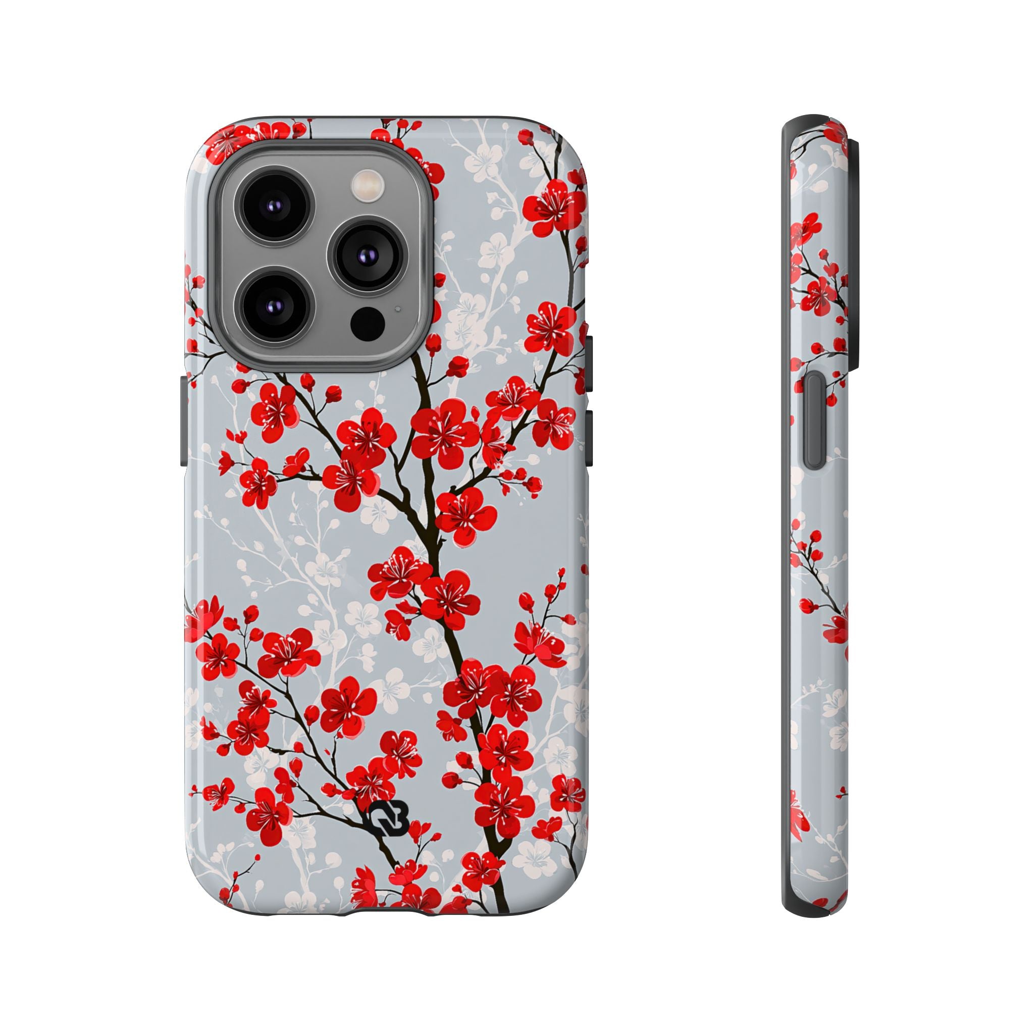 Grey Tough Phone Case for iPhone - Crimson Sakura Slate
