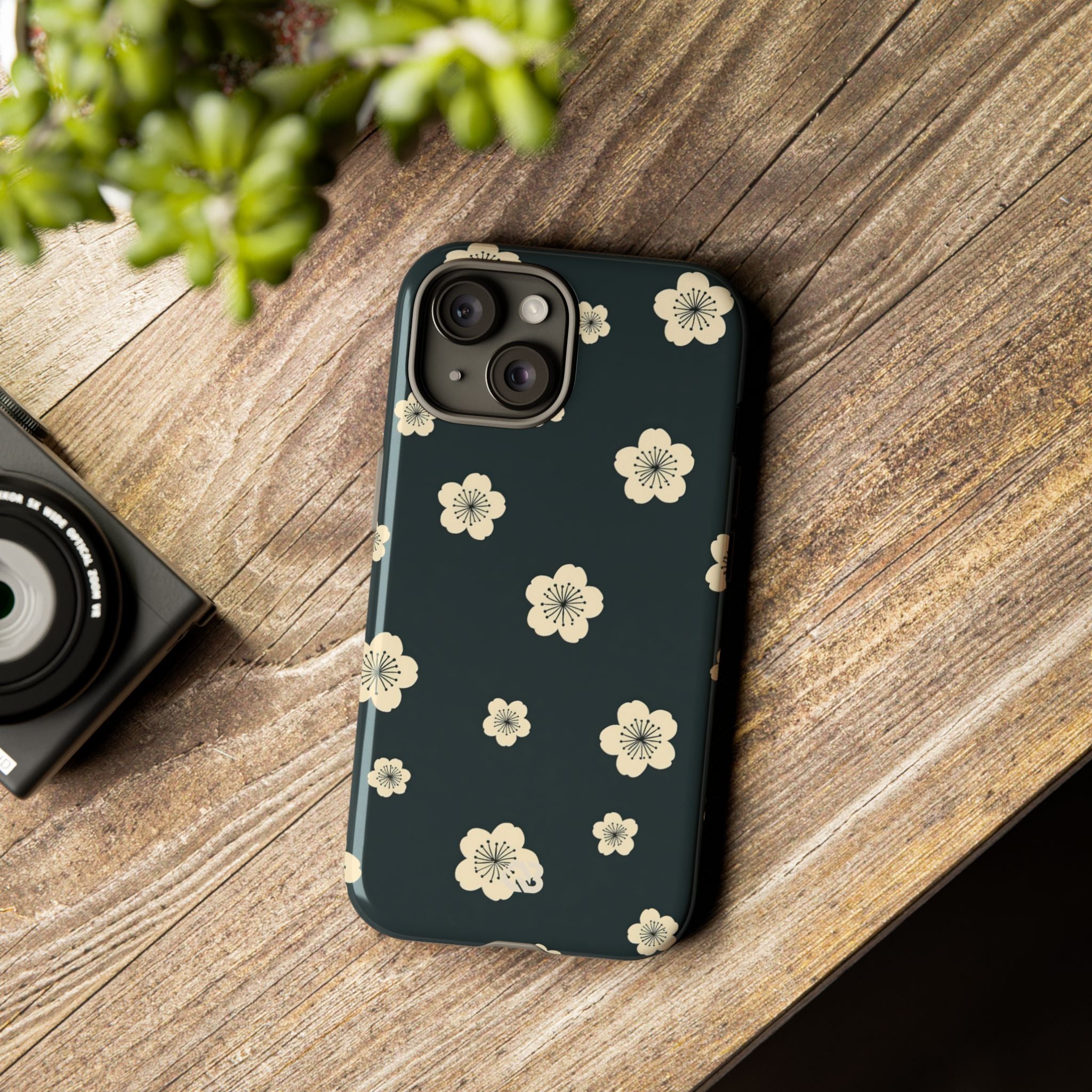 Teal Tough Phone Case for iPhone - Obsidian Cream Petals