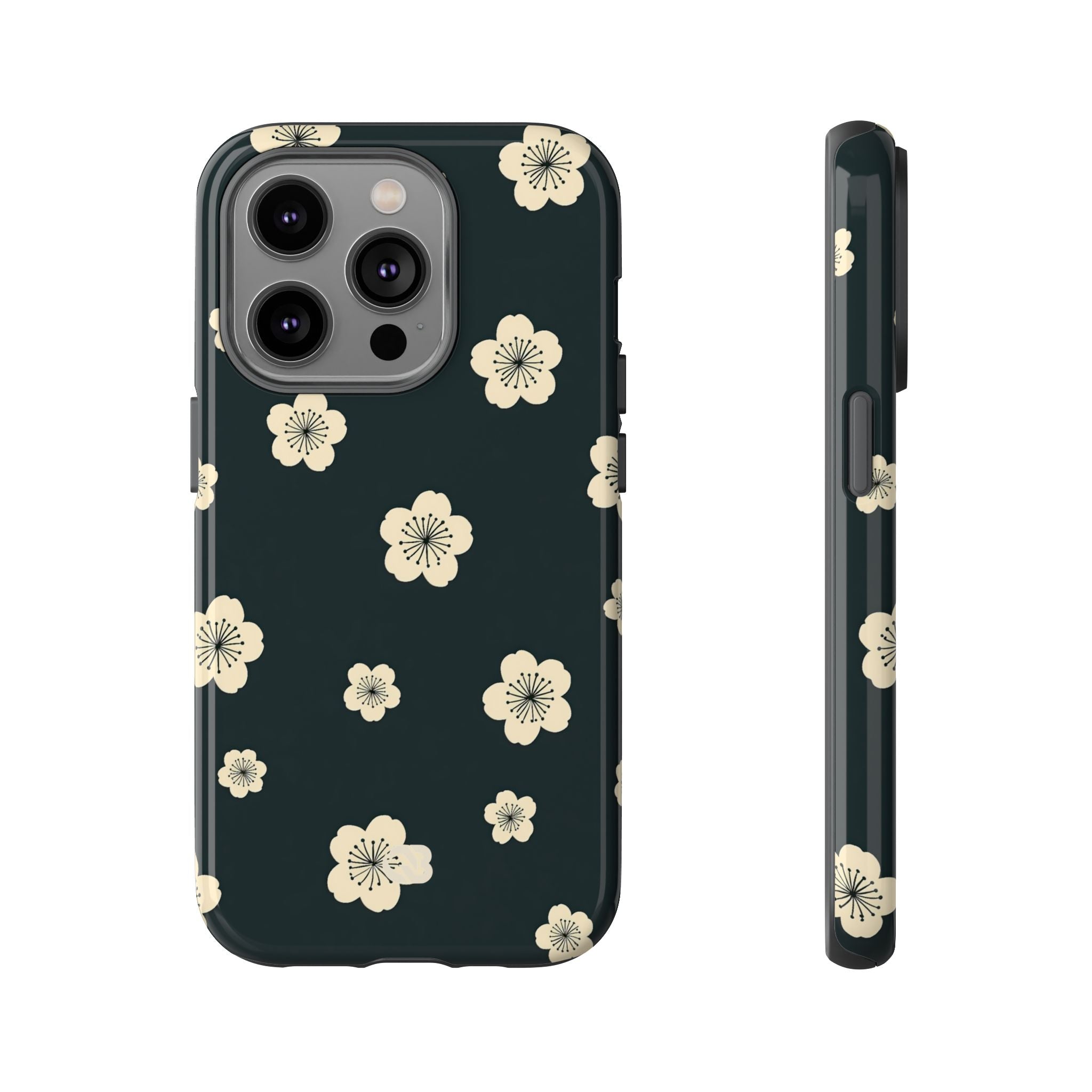 Teal Tough Phone Case for iPhone - Obsidian Cream Petals