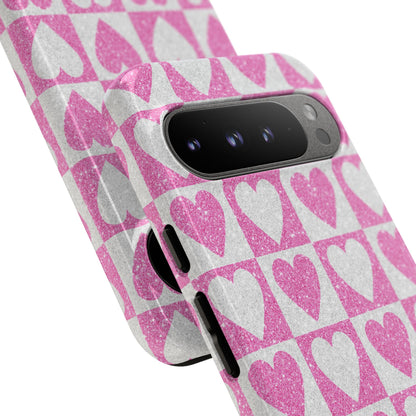 Glitter Heart Grid Google Pixel 9 Pro XL Case - Tough