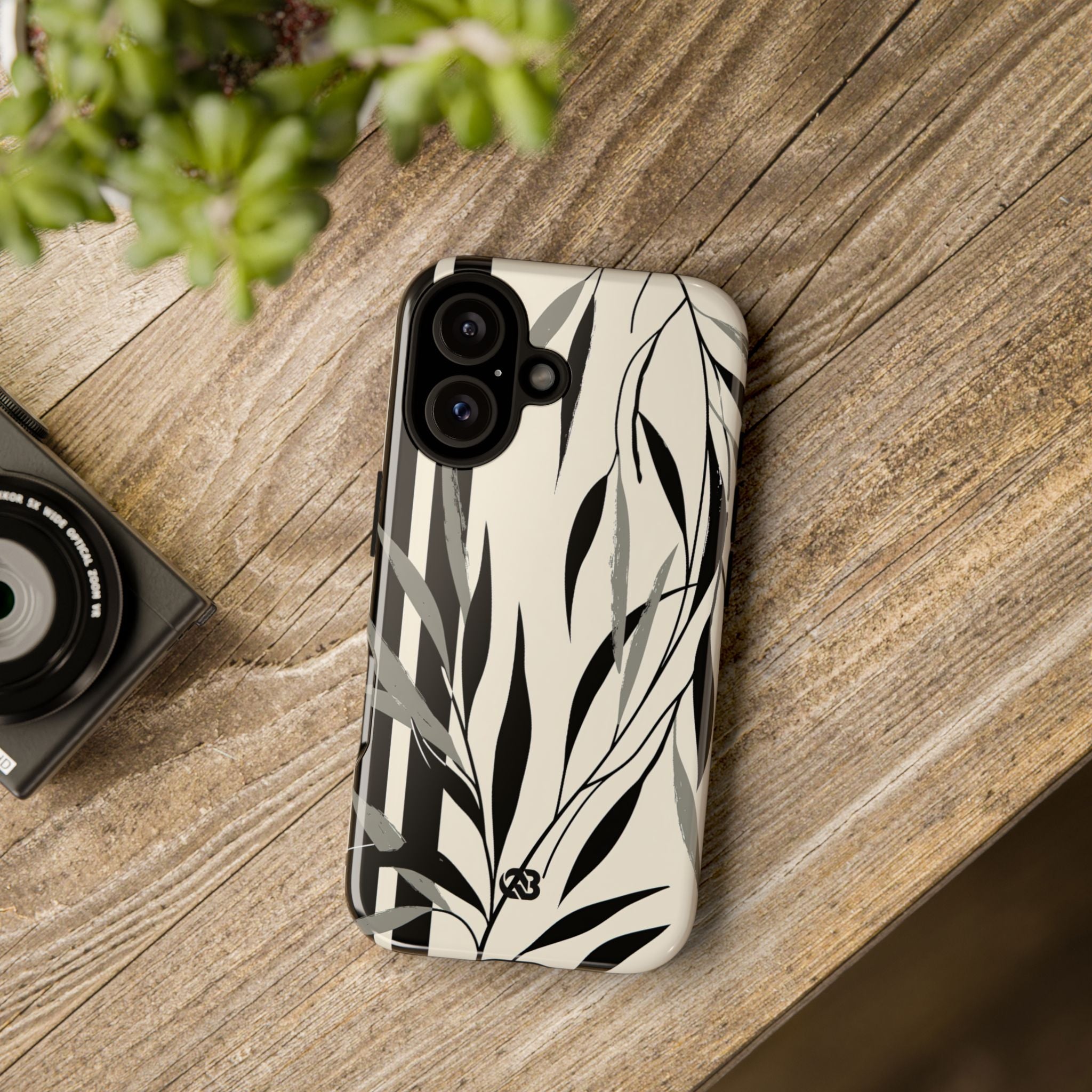 Beige Tough Phone Case for iPhone - Soot Leaf Sketch