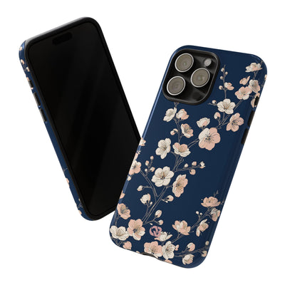 Blue Tough Phone Case for iPhone - Midnight Peach Sakura