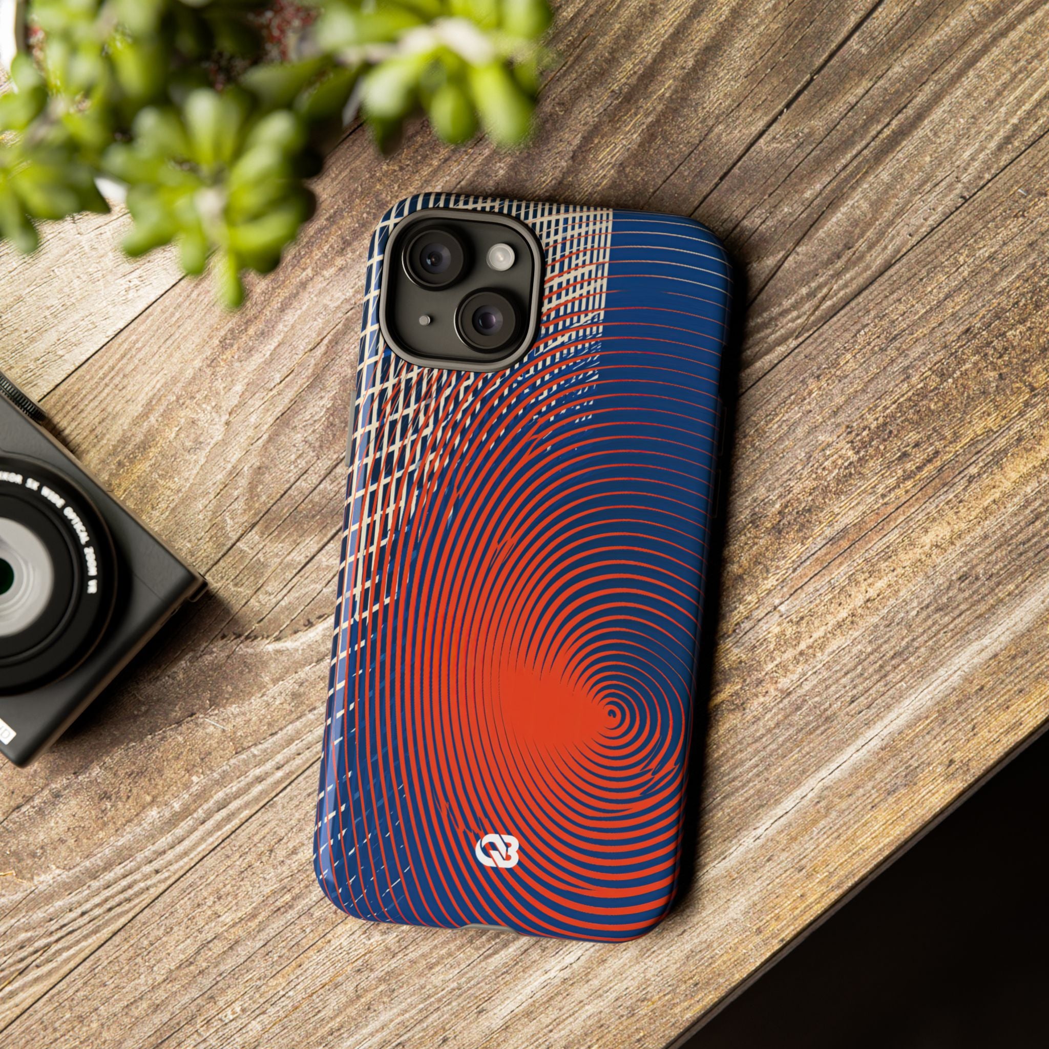 Blue Tough Phone Case for iPhone - Orange Orbit Grid