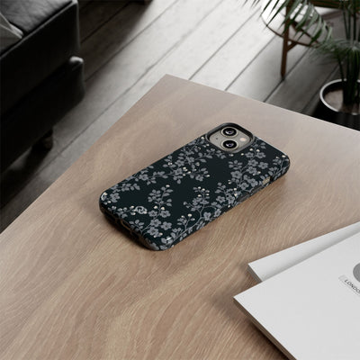 Black Tough Phone Case for iPhone - Midnight Slate Blossom