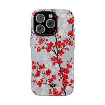 Grey Tough Phone Case for iPhone - Crimson Sakura Slate