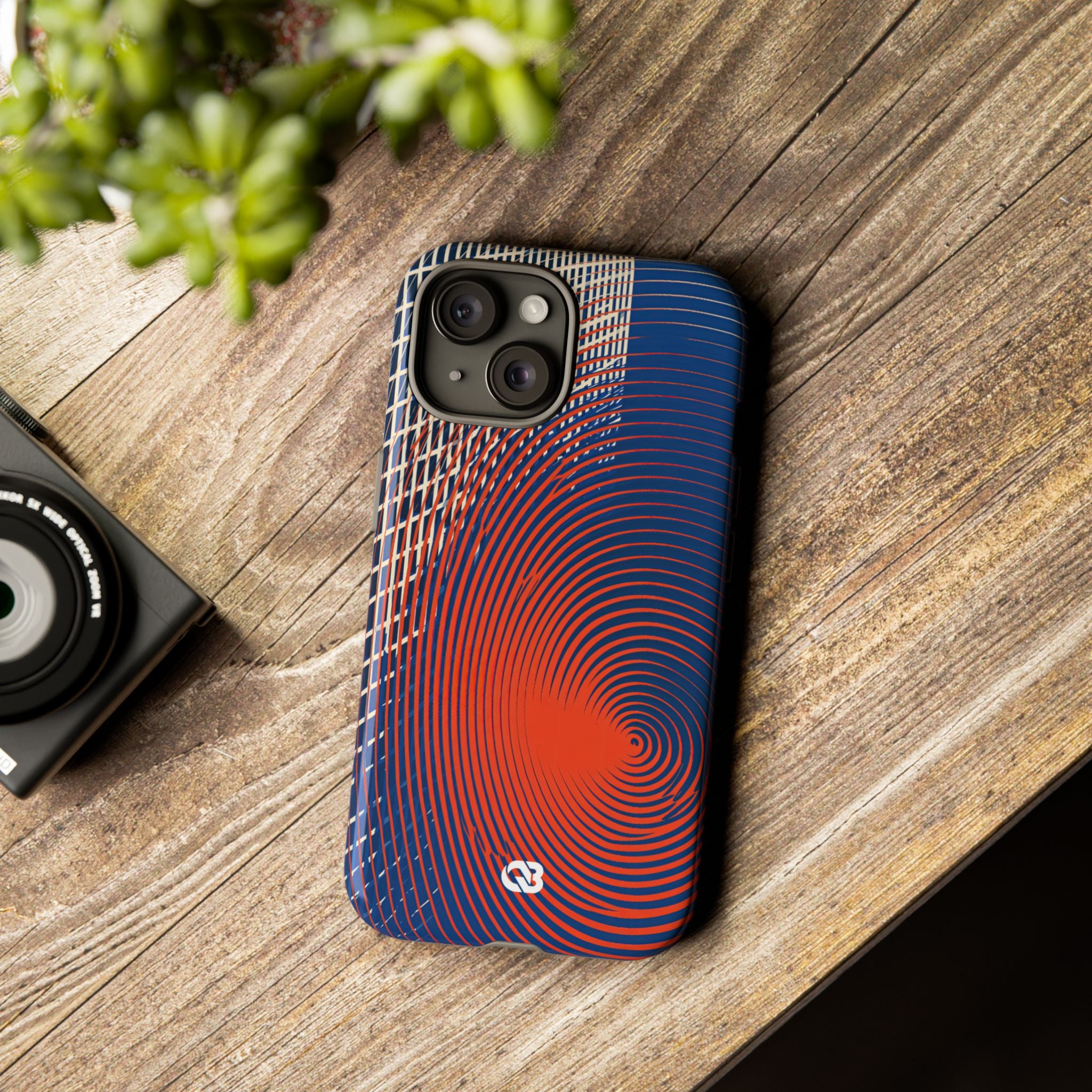Blue Tough Phone Case for iPhone - Orange Orbit Grid