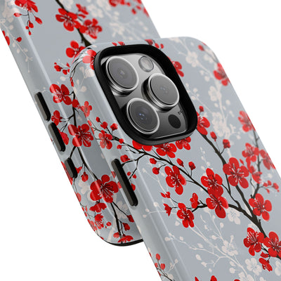 Grey Tough Phone Case for iPhone - Crimson Sakura Slate