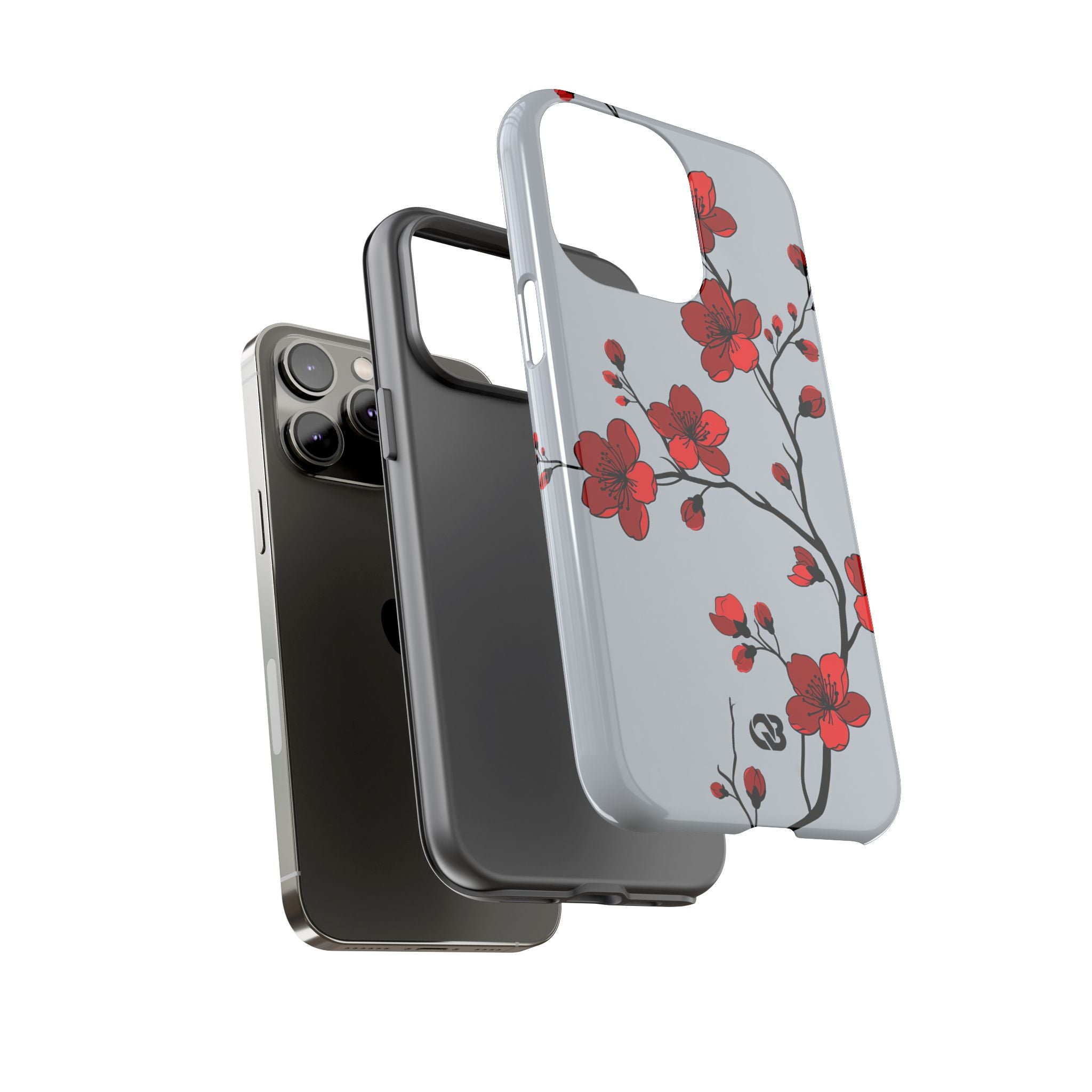 Grey Tough Phone Case for iPhone - Crimson Blossom Onyx