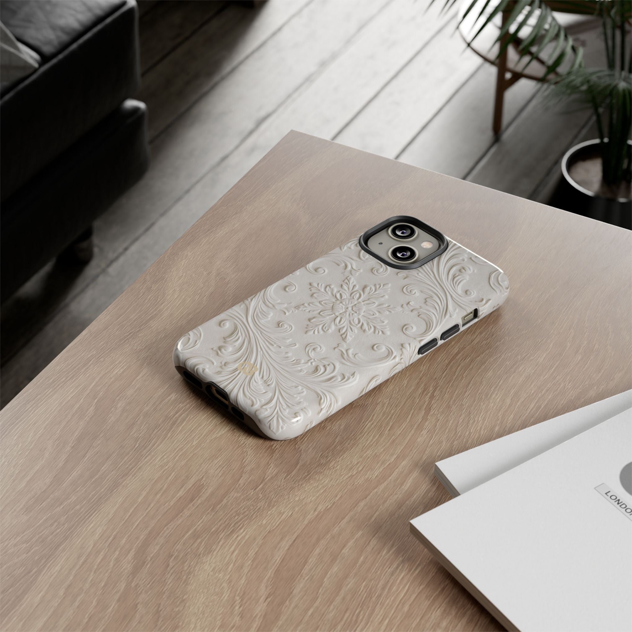 White Tough Phone Case for iPhone - Alabaster Floral Relief