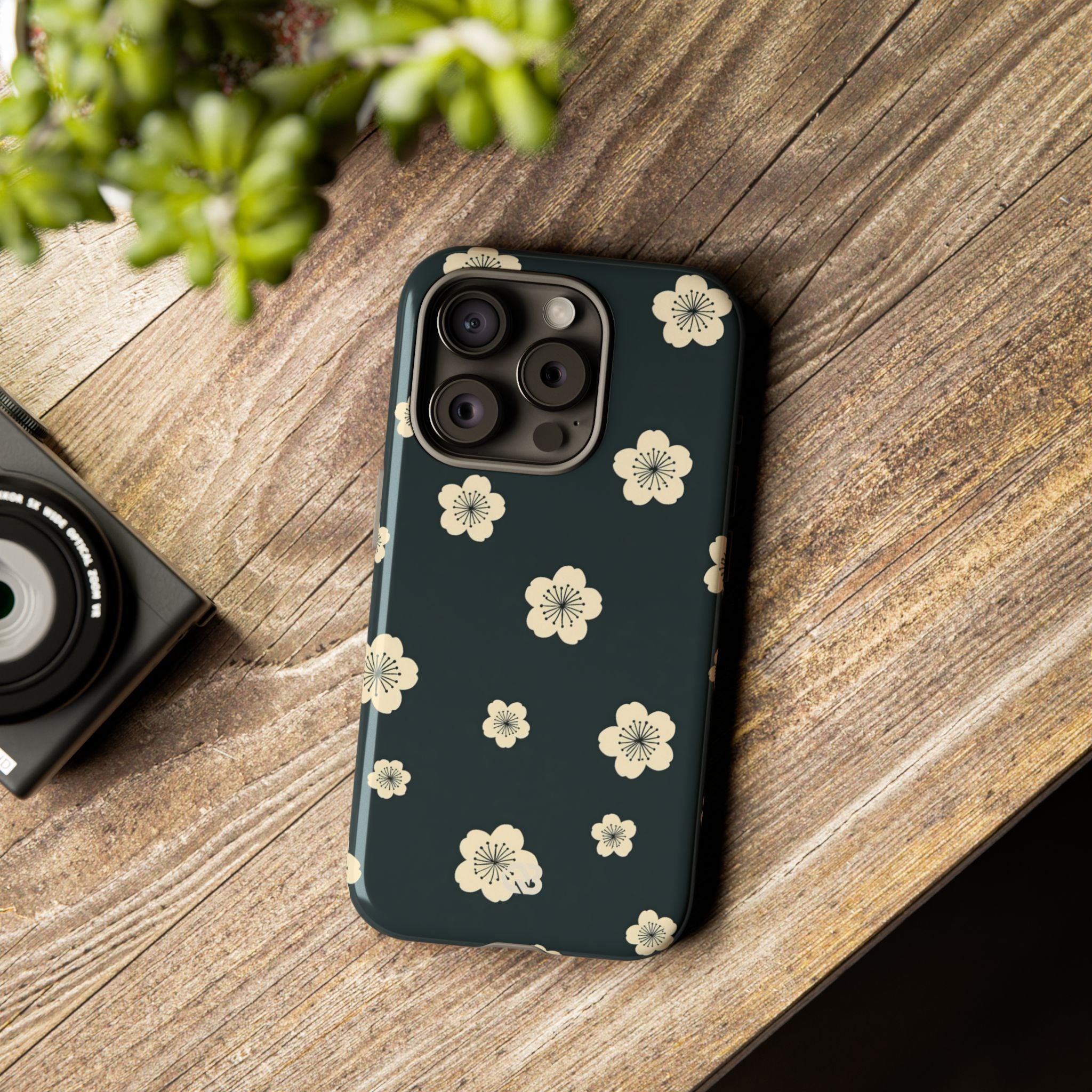 Teal Tough Phone Case for iPhone - Obsidian Cream Petals