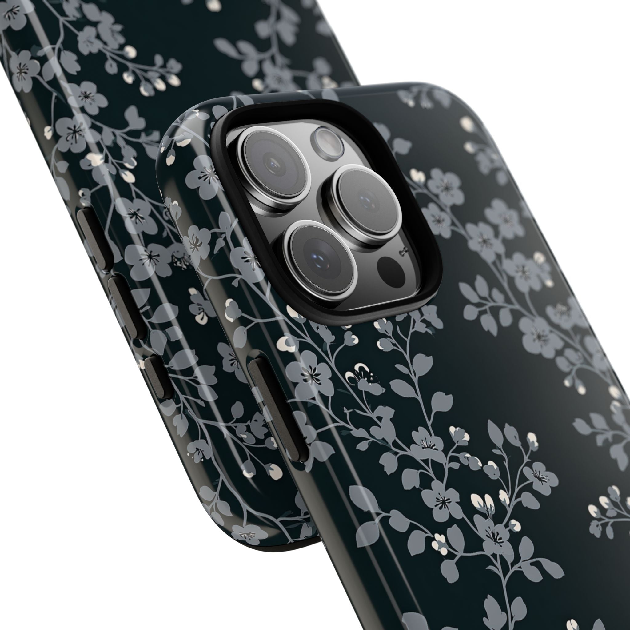 Black Tough Phone Case for iPhone - Midnight Slate Blossom