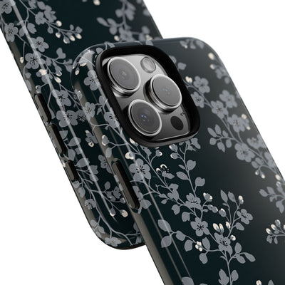 Black Tough Phone Case for iPhone - Midnight Slate Blossom
