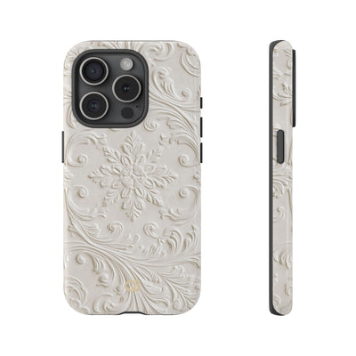 White Tough Phone Case for iPhone - Alabaster Floral Relief