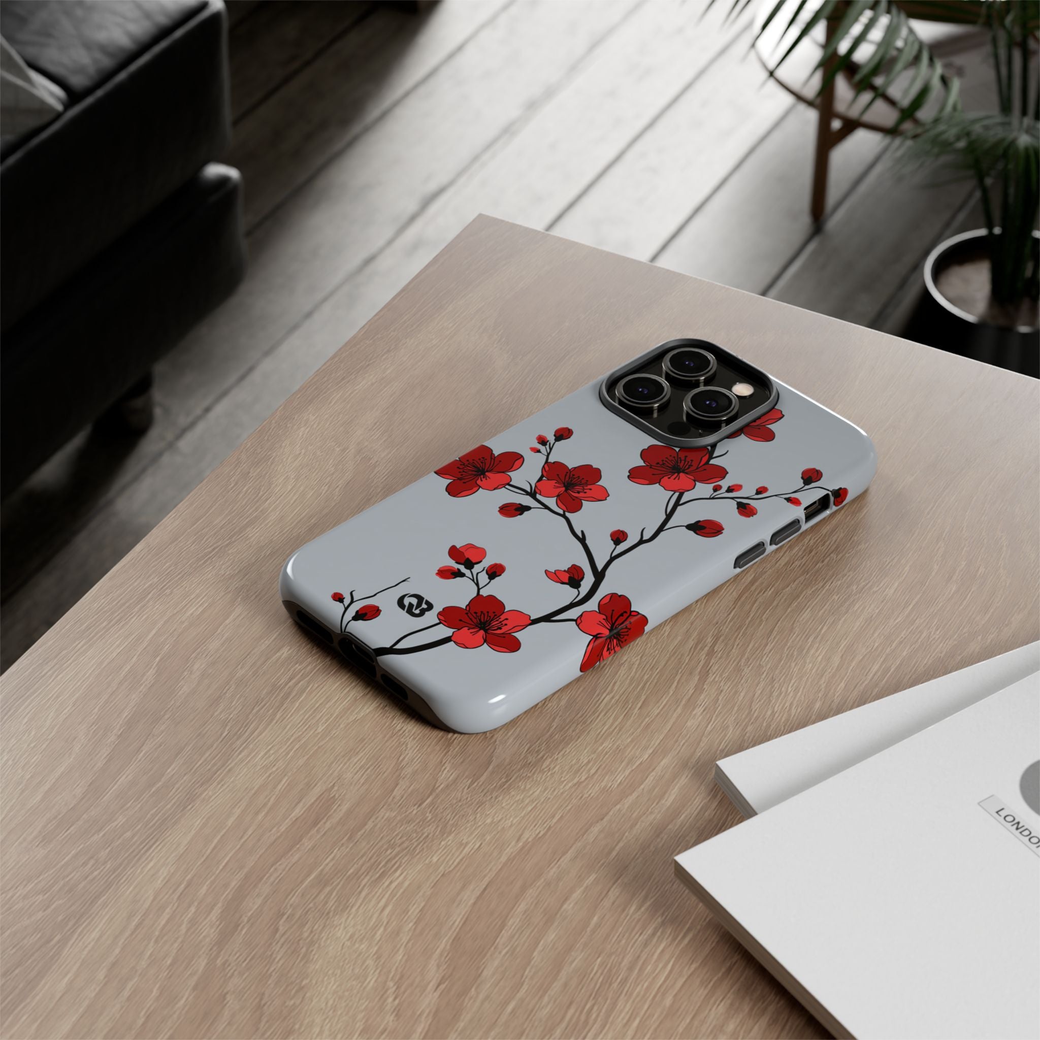 Grey Tough Phone Case for iPhone - Crimson Blossom Onyx