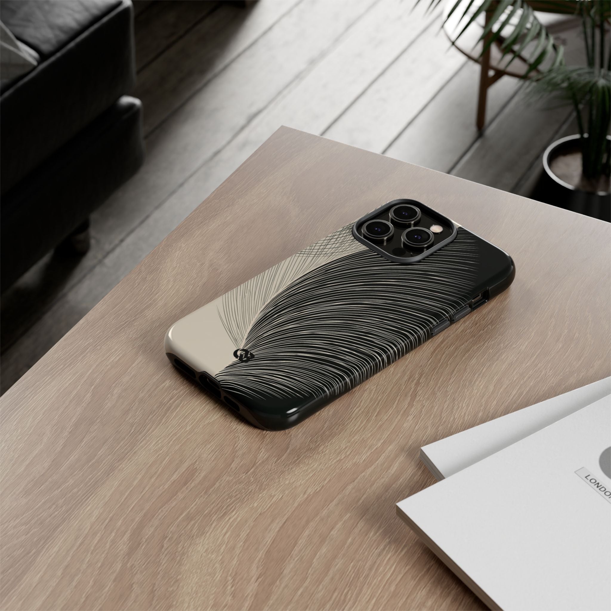 Beige Tough Phone Case for iPhone - Obsidian Cream Plume