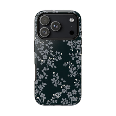 Black Tough Phone Case for iPhone - Midnight Slate Blossom