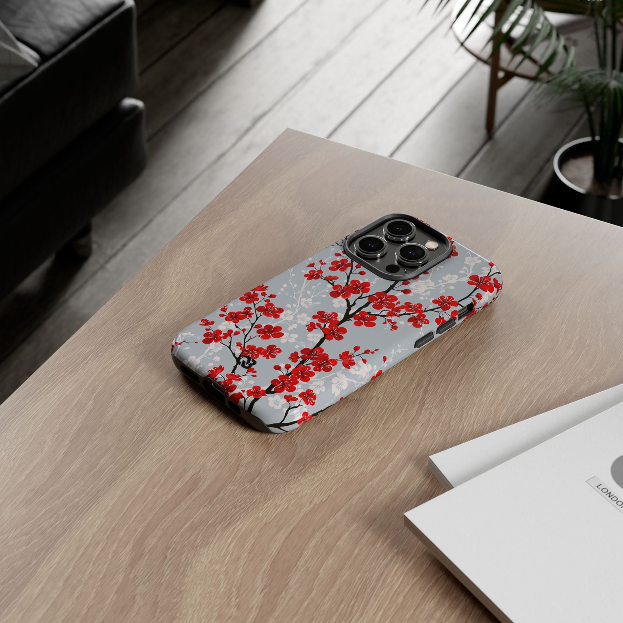 Grey Tough Phone Case for iPhone - Crimson Sakura Slate