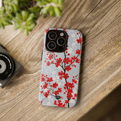Grey Tough Phone Case for iPhone - Crimson Sakura Slate