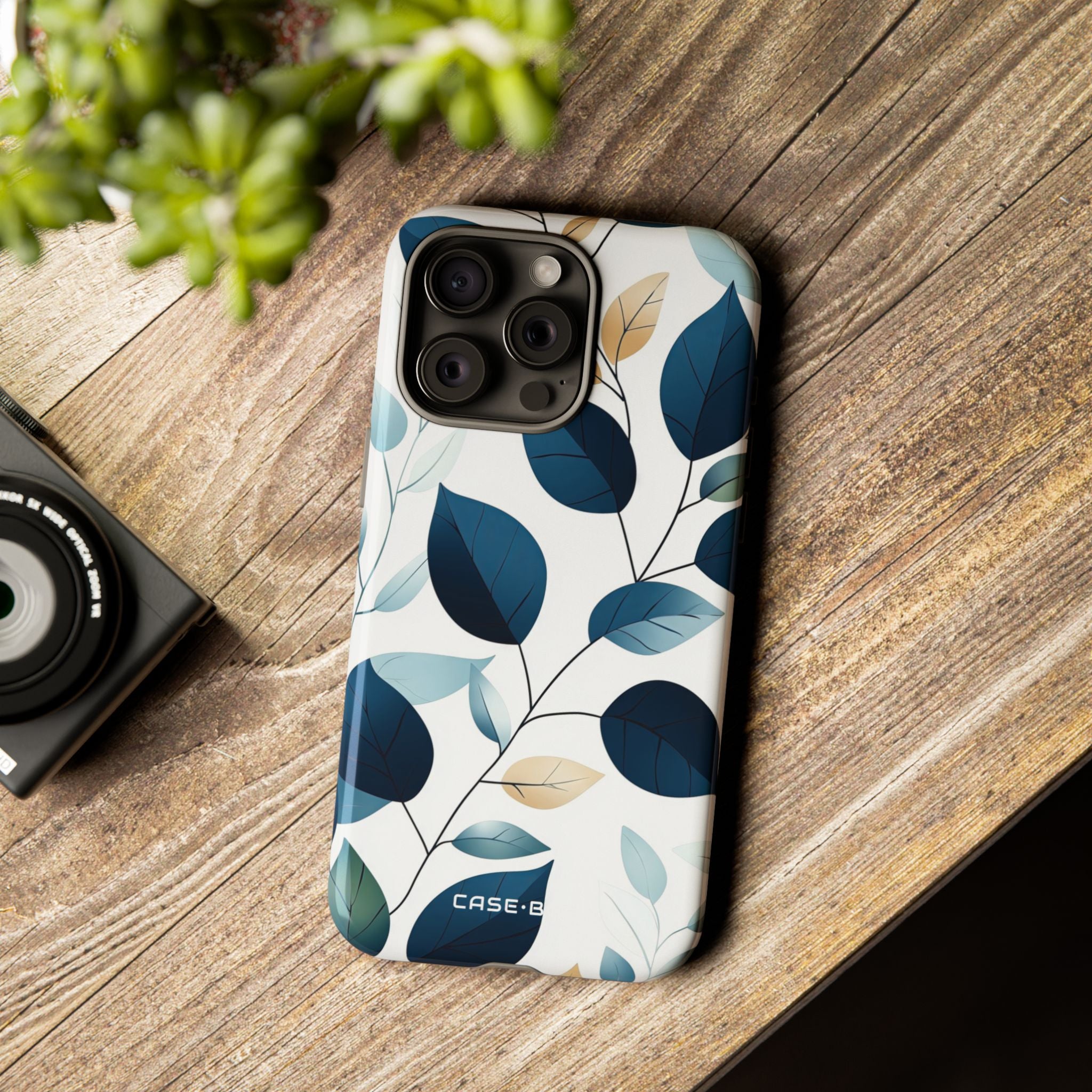 Laivastonsininen lehtien suonet iPhone 15 Pro Max -kova, suojakotelo