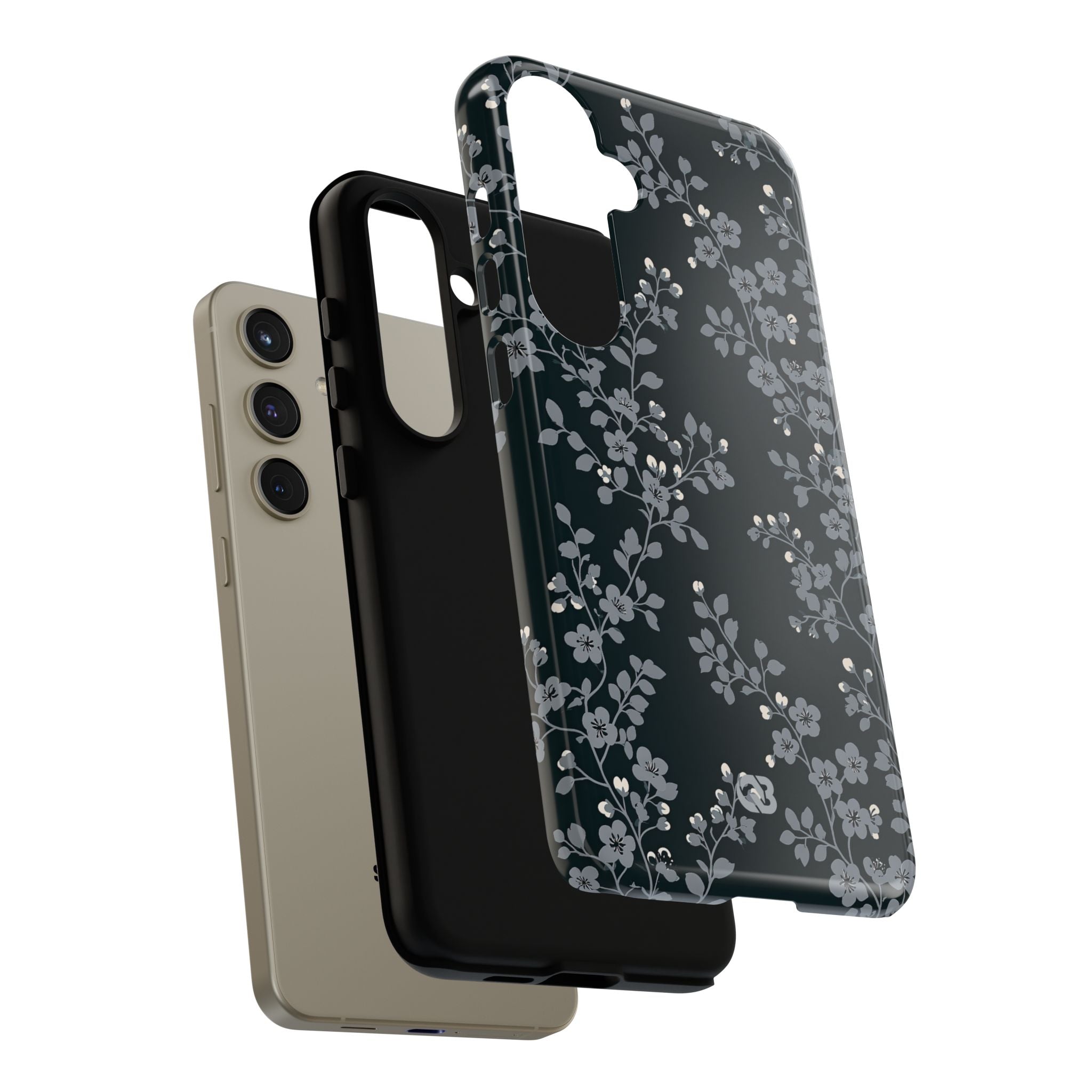 Black Tough Phone Case for Samsung - Midnight Slate Blossom