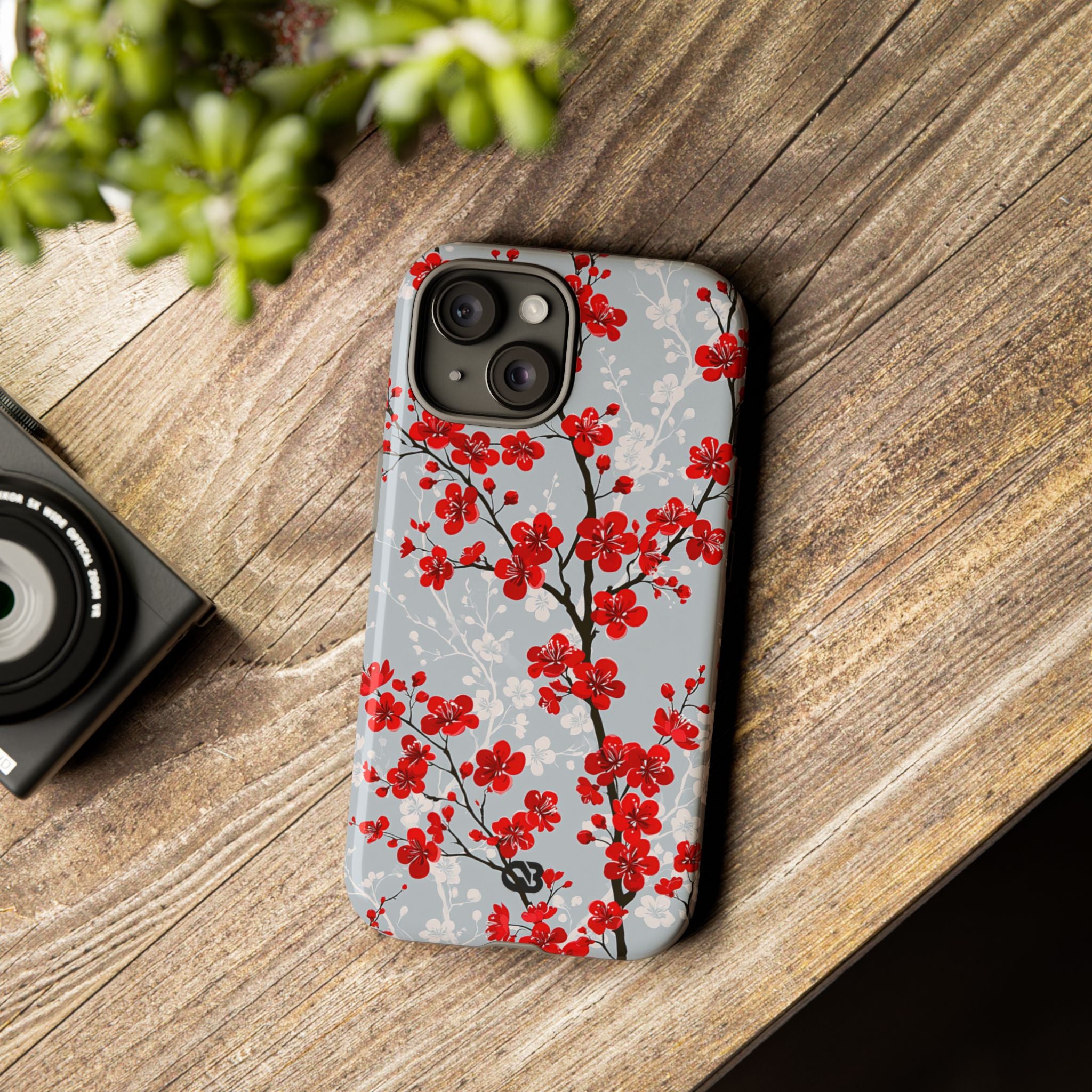 Grey Tough Phone Case for iPhone - Crimson Sakura Slate