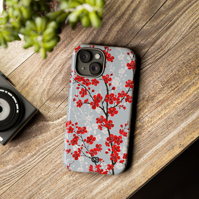 Grey Tough Phone Case for iPhone - Crimson Sakura Slate