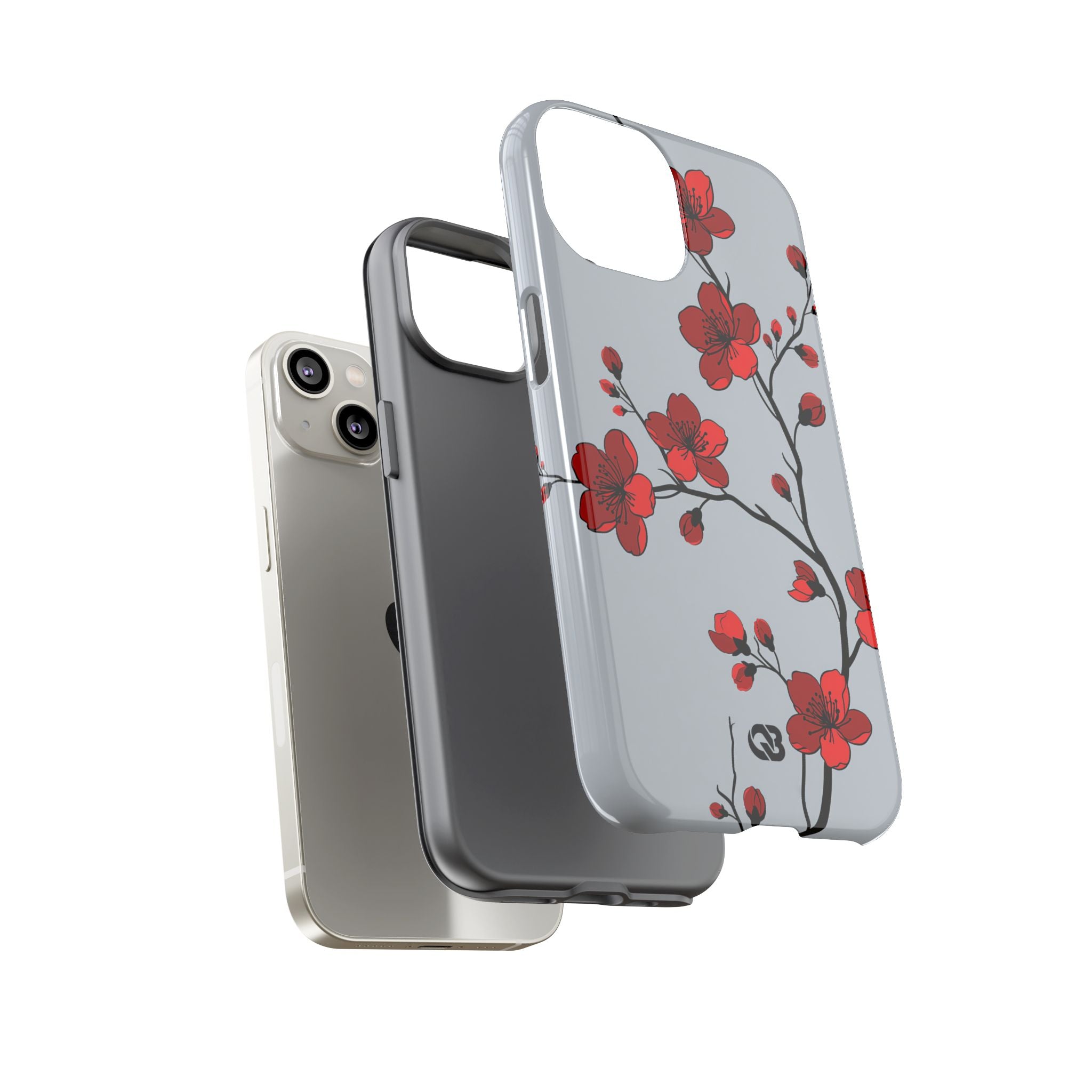 Grey Tough Phone Case for iPhone - Crimson Blossom Onyx