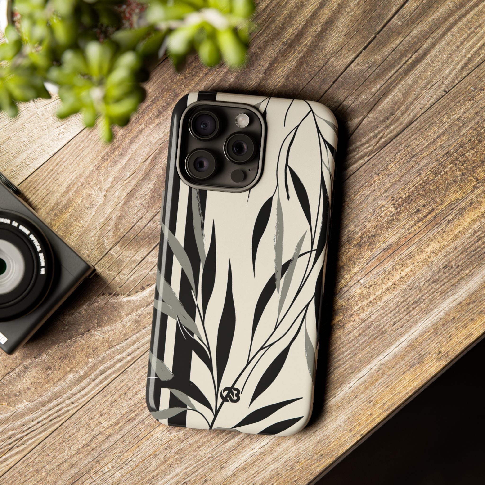 Beige Tough Phone Case for iPhone - Soot Leaf Sketch