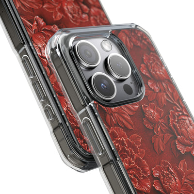 Cinnabar Peony Relief · Clear Impact Magnetic Phone Case for iPhone · Red