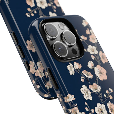 Blue Tough Phone Case for iPhone - Midnight Peach Sakura