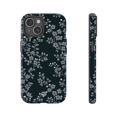 Black Tough Phone Case for iPhone - Midnight Slate Blossom