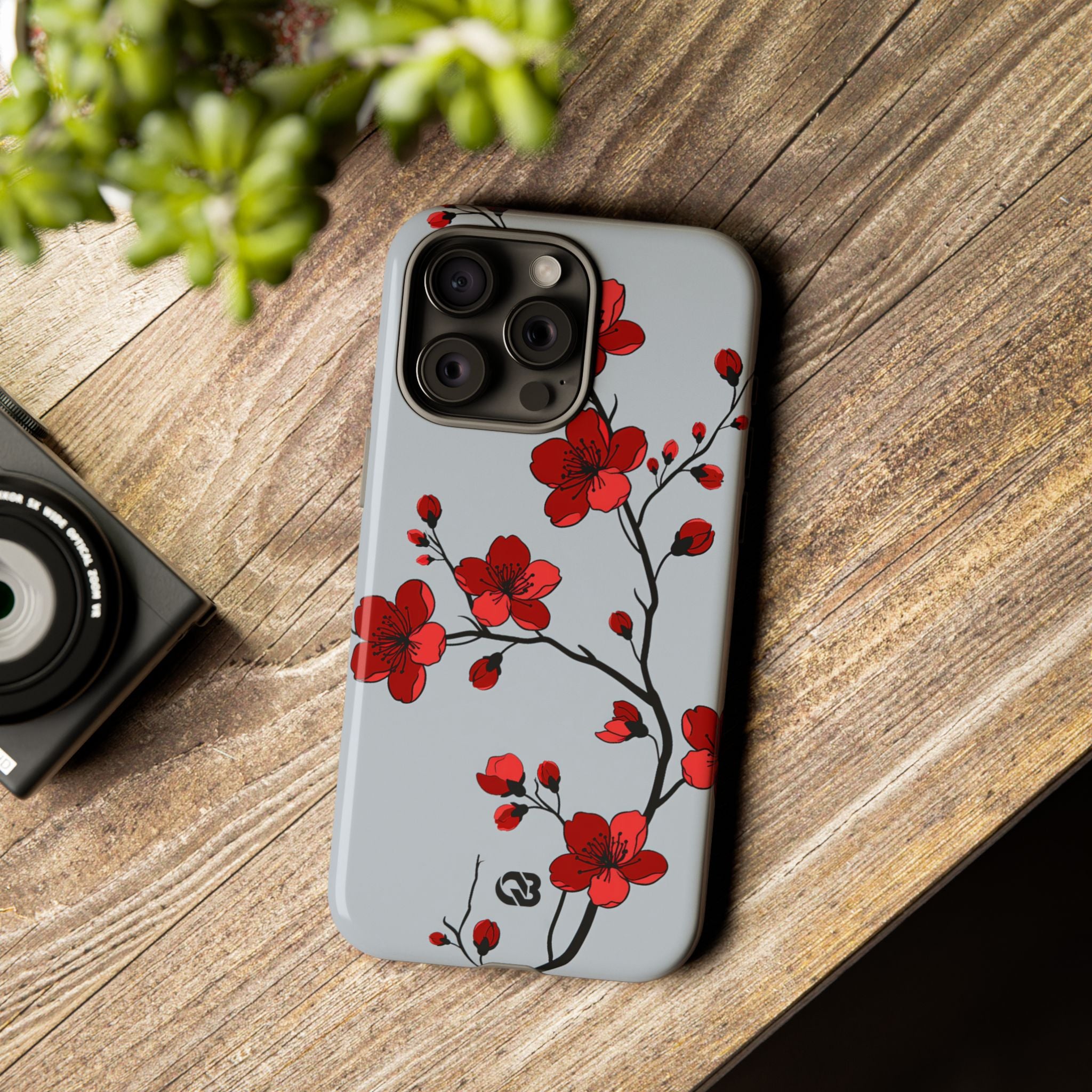 Grey Tough Phone Case for iPhone - Crimson Blossom Onyx