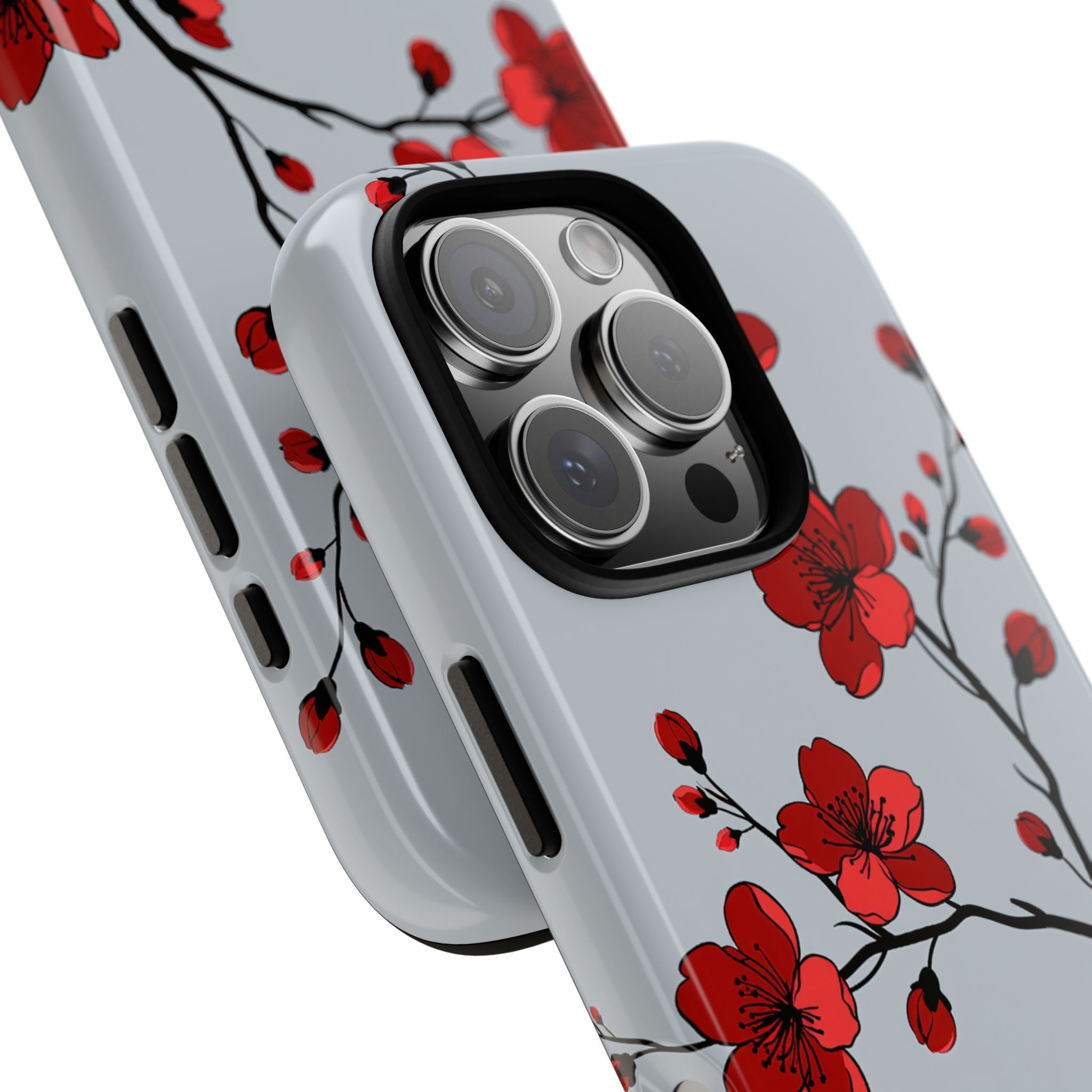 Grey Tough Phone Case for iPhone - Crimson Blossom Onyx