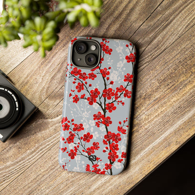 Grey Tough Phone Case for iPhone - Crimson Sakura Slate