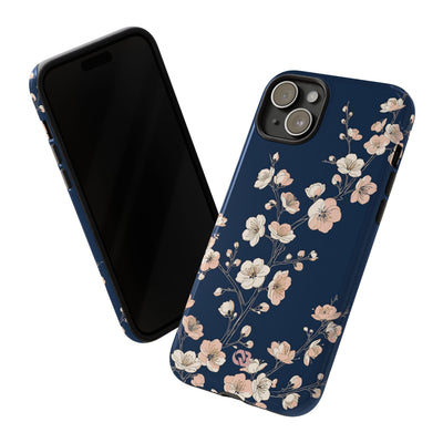Blue Tough Phone Case for iPhone - Midnight Peach Sakura