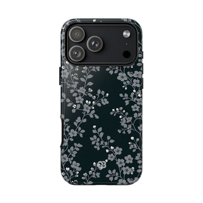 Black Tough Phone Case for iPhone - Midnight Slate Blossom