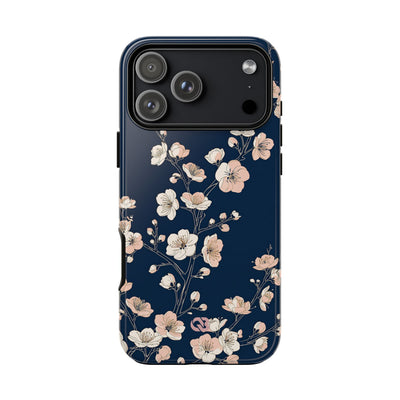 Blue Tough Phone Case for iPhone - Midnight Peach Sakura
