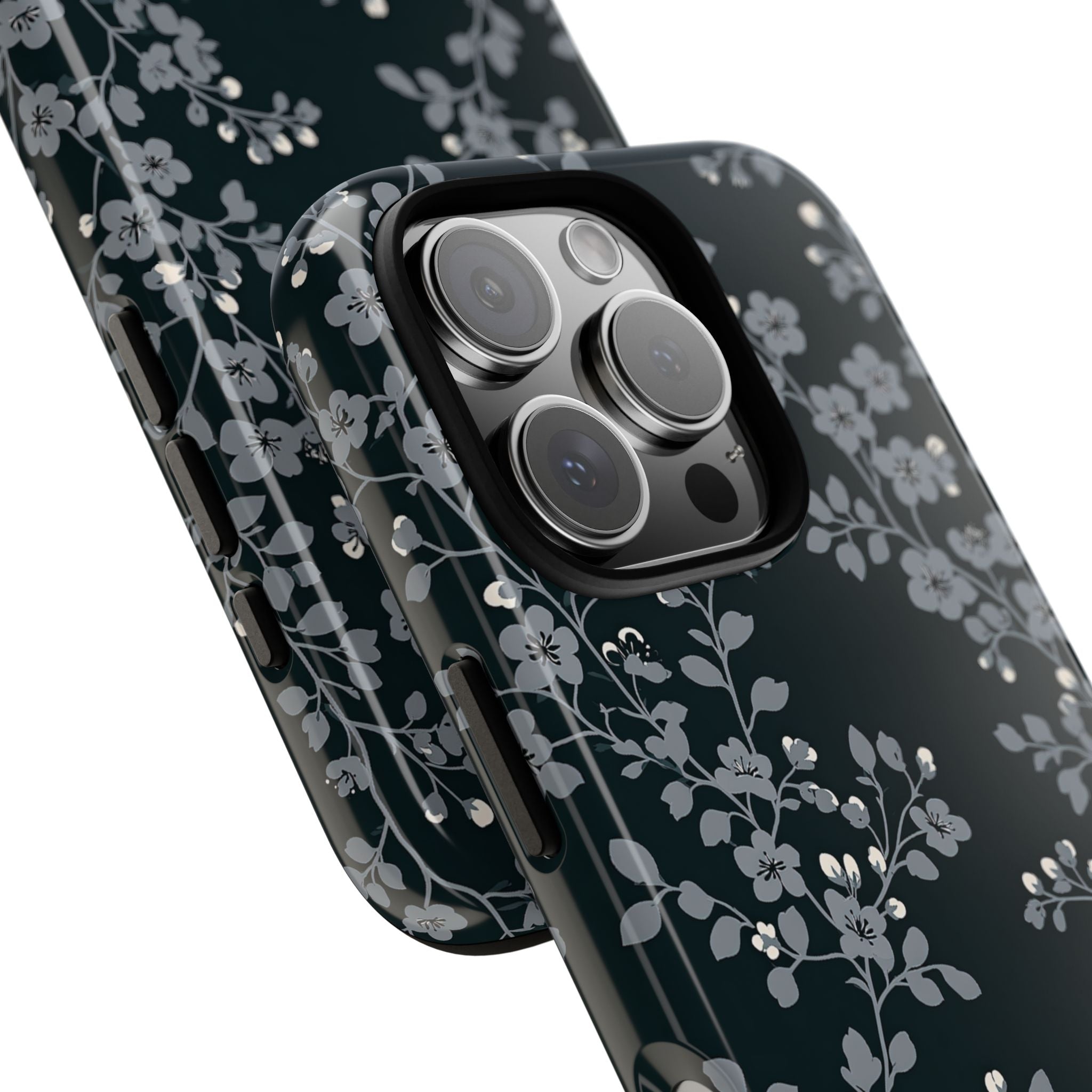 Black Tough Phone Case for iPhone - Midnight Slate Blossom