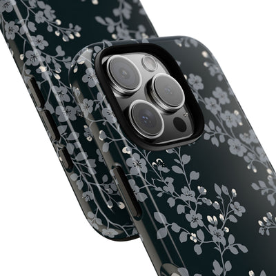 Black Tough Phone Case for iPhone - Midnight Slate Blossom