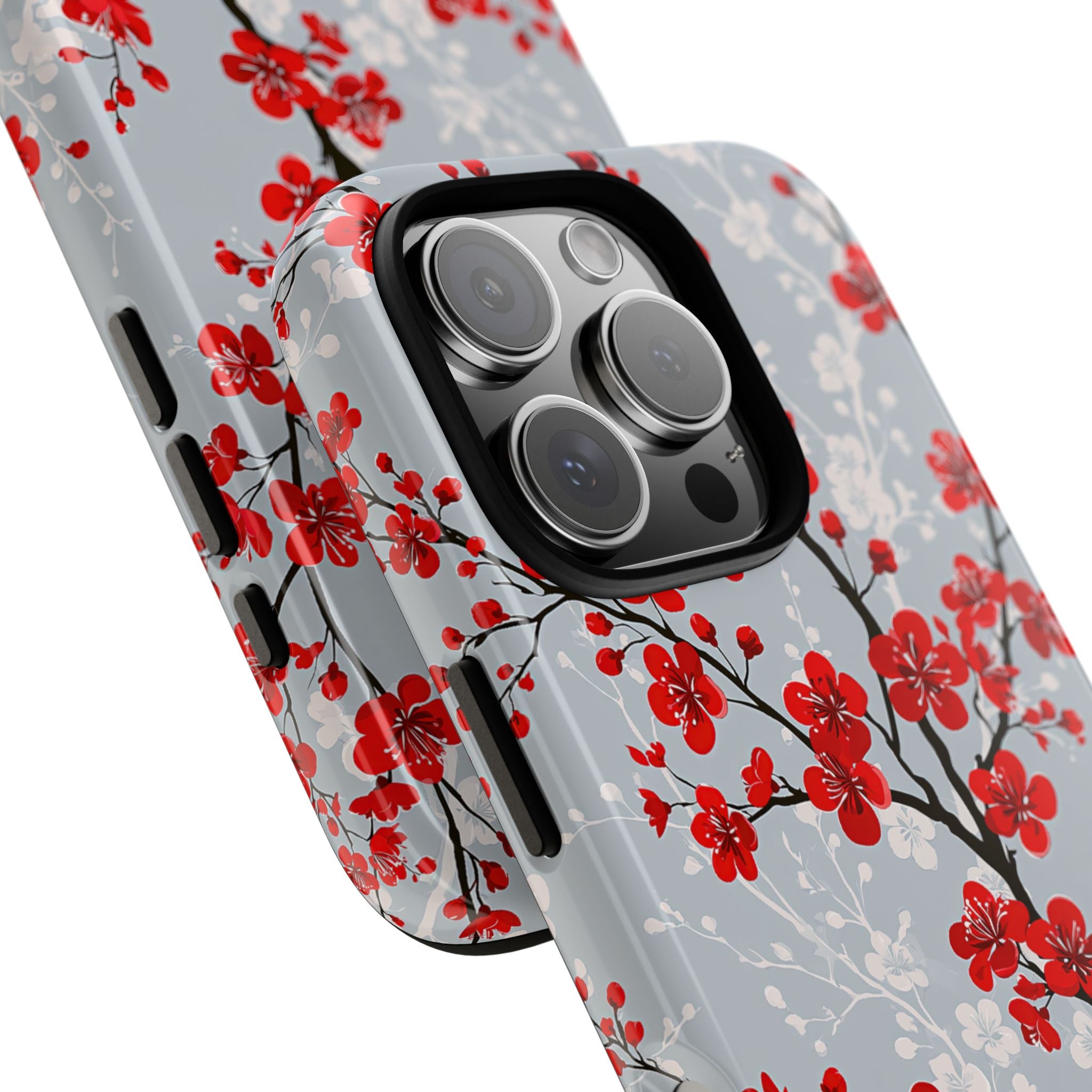 Grey Tough Phone Case for iPhone - Crimson Sakura Slate