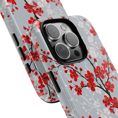 Grey Tough Phone Case for iPhone - Crimson Sakura Slate