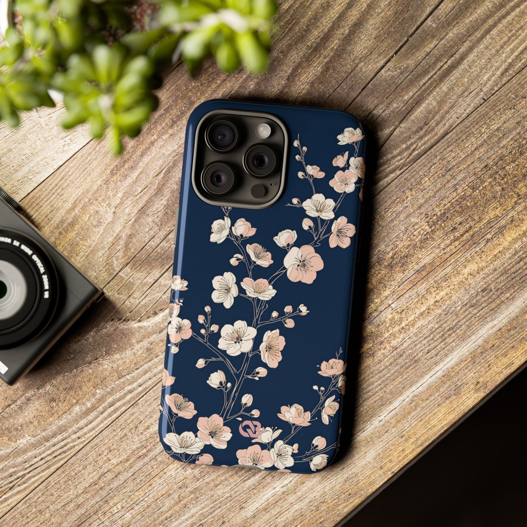 Blue Tough Phone Case for iPhone - Midnight Peach Sakura