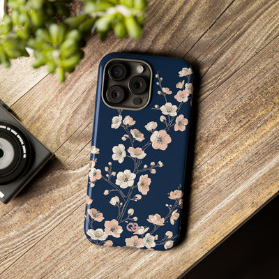 Blue Tough Phone Case for iPhone - Midnight Peach Sakura