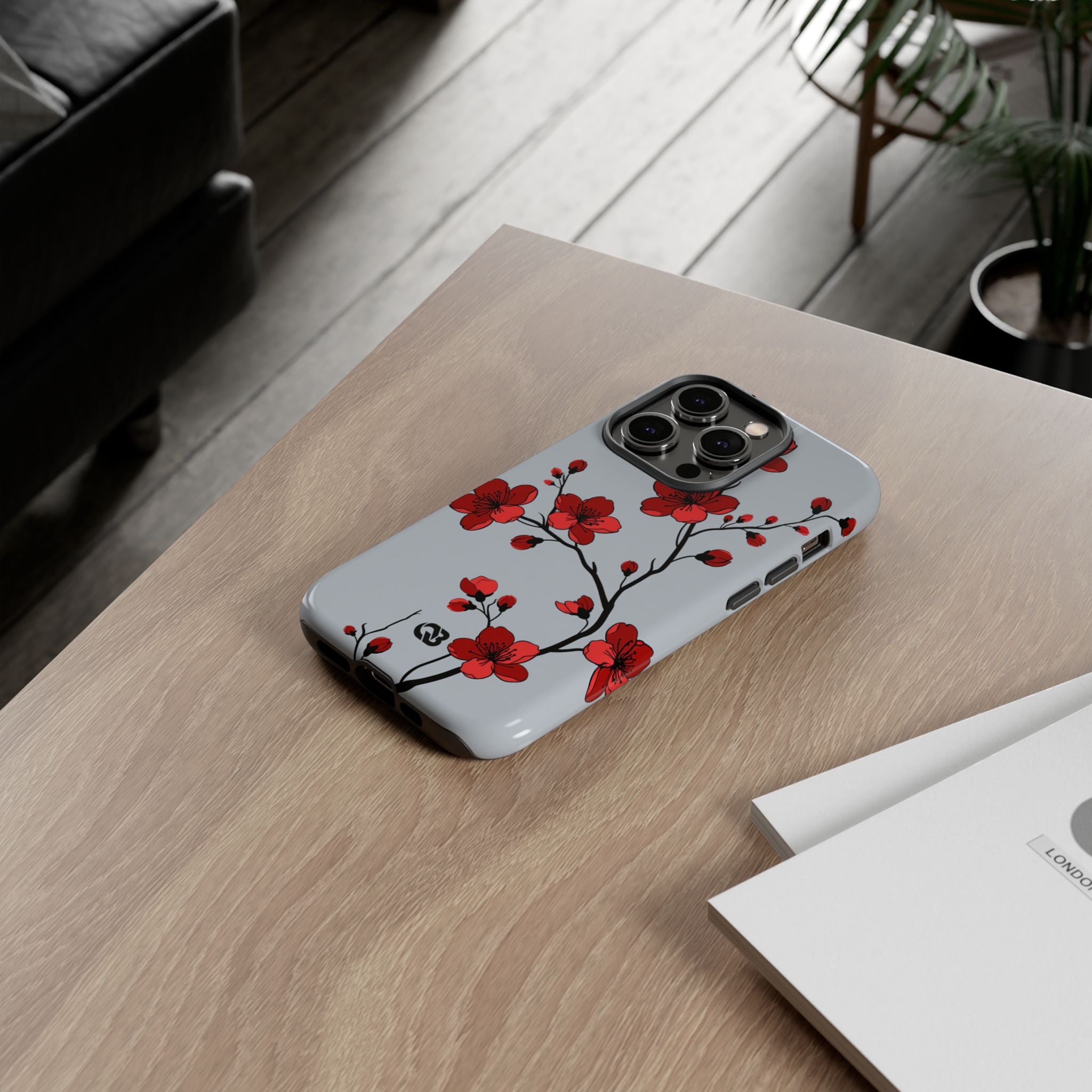 Grey Tough Phone Case for iPhone - Crimson Blossom Onyx