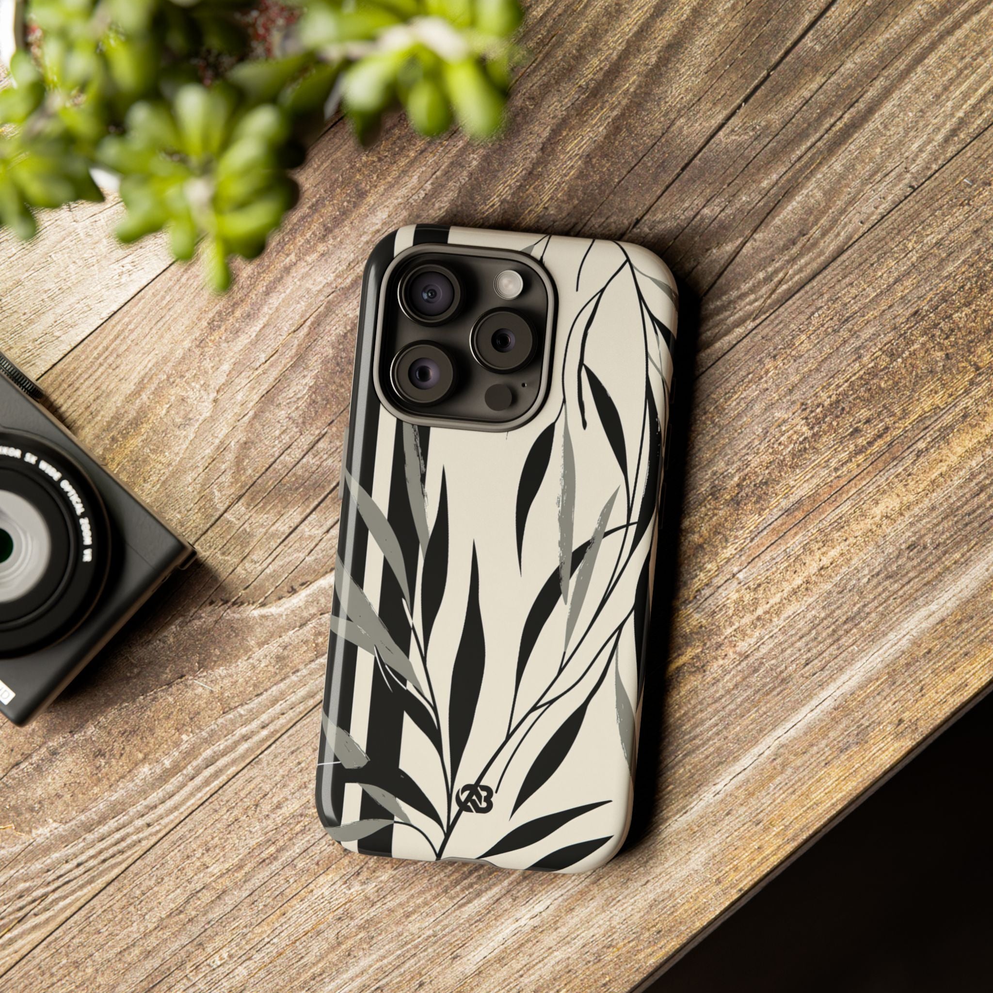 Beige Tough Phone Case for iPhone - Soot Leaf Sketch