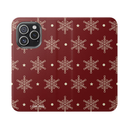Cream Snowflakes Crimson - iPhone 15 Pro Case - Wallet