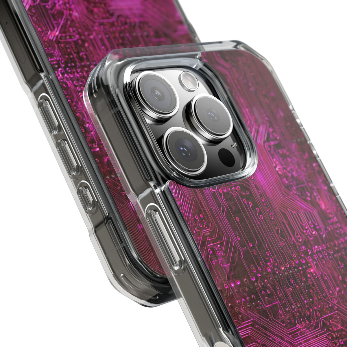 Magenta Circuit Trace · Clear Impact Magnetic Phone Case for iPhone · Pink