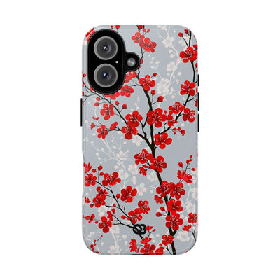 Grey Tough Phone Case for iPhone - Crimson Sakura Slate