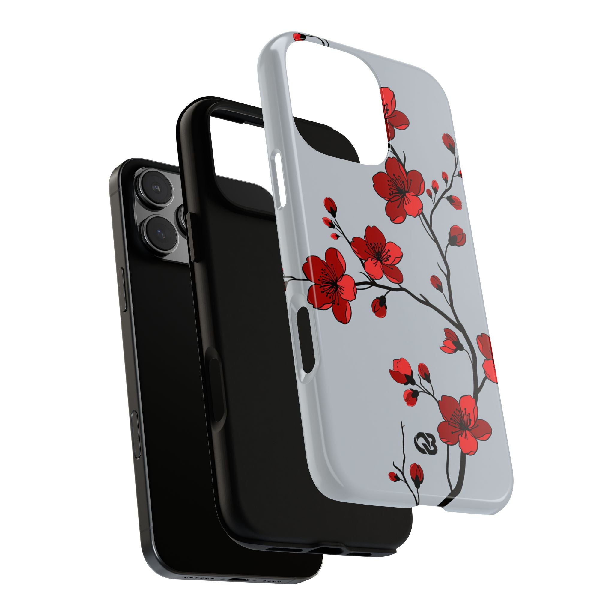 Grey Tough Phone Case for iPhone - Crimson Blossom Onyx