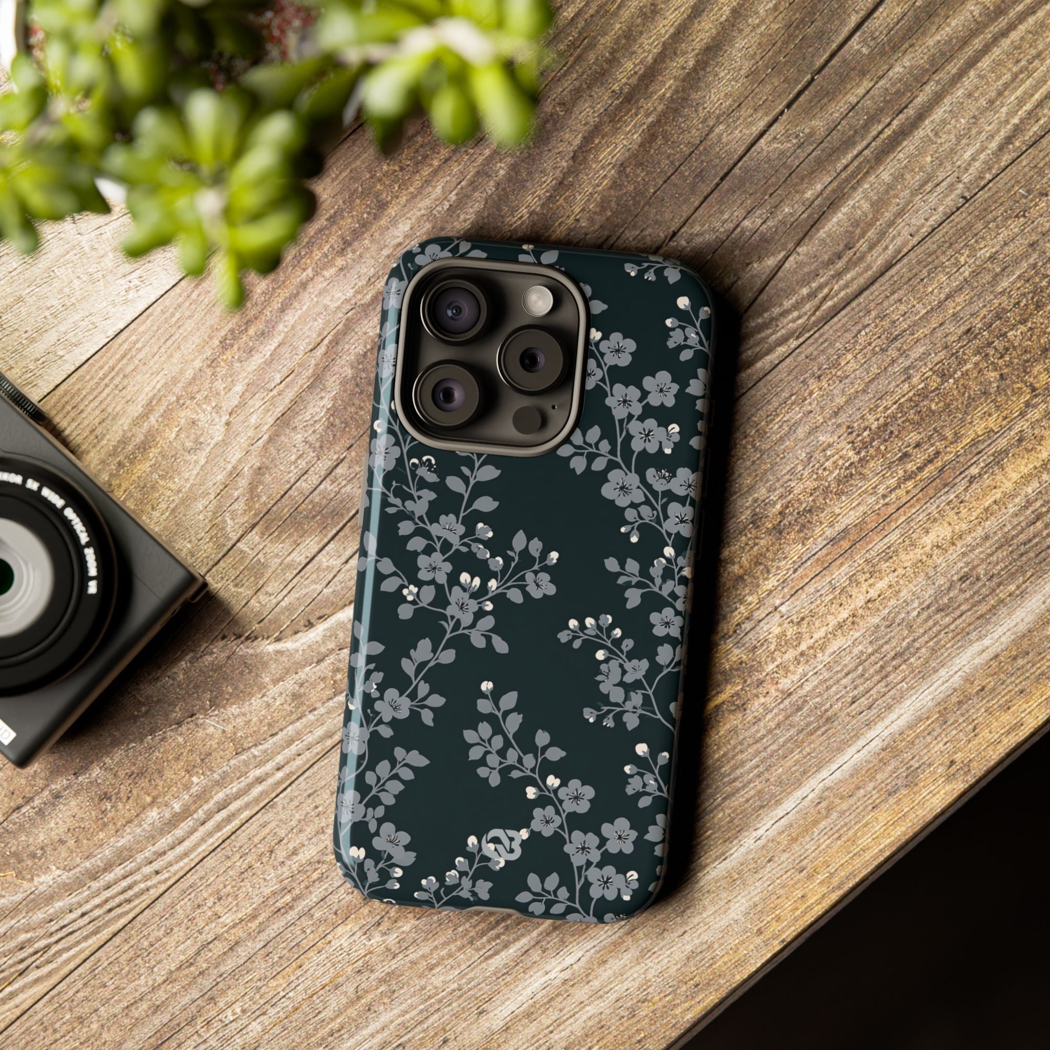 Black Tough Phone Case for iPhone - Midnight Slate Blossom